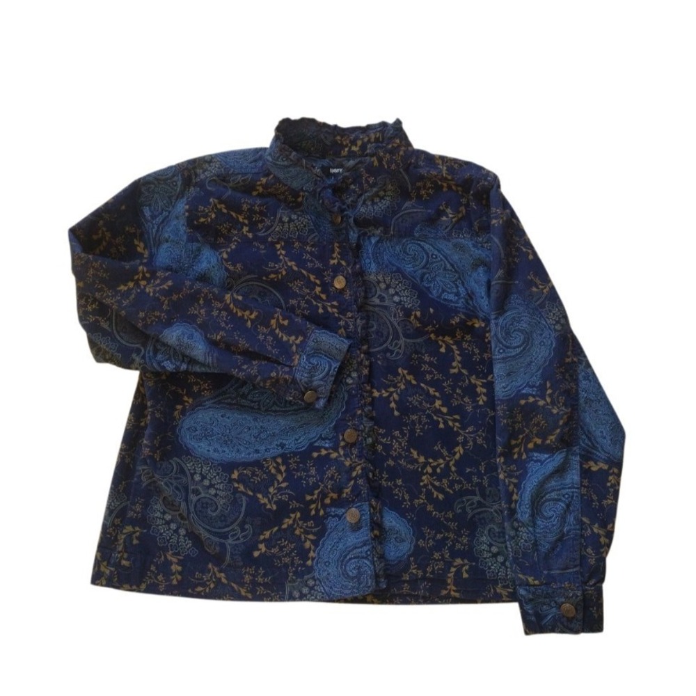 Crazy Kat Blouse Top Woman M Blue Paisley Corduroy Ruffle High Neck Long Sleeves